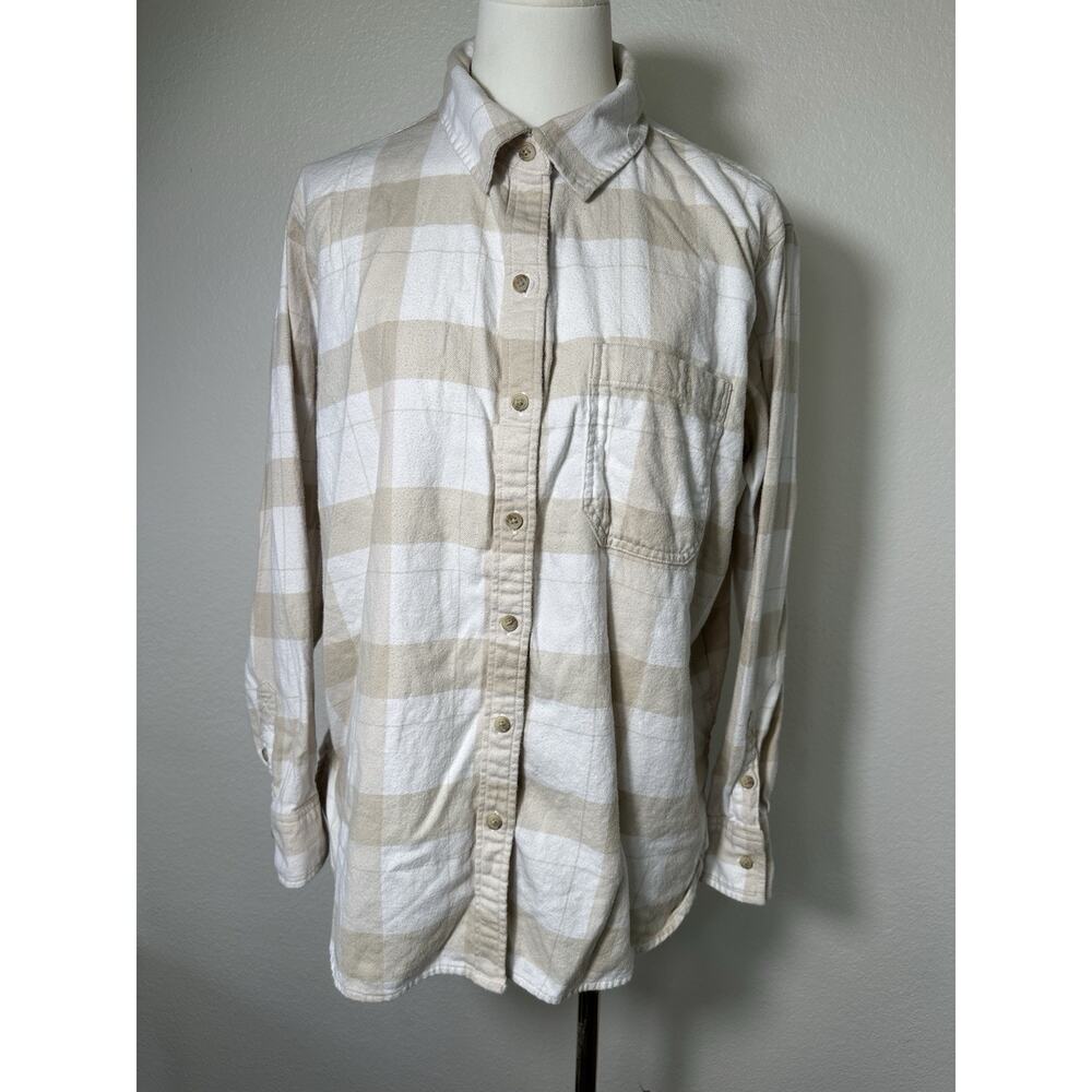 American Eagle Plaid Flannel Shirt Beige White Button Up Women’s Size M
